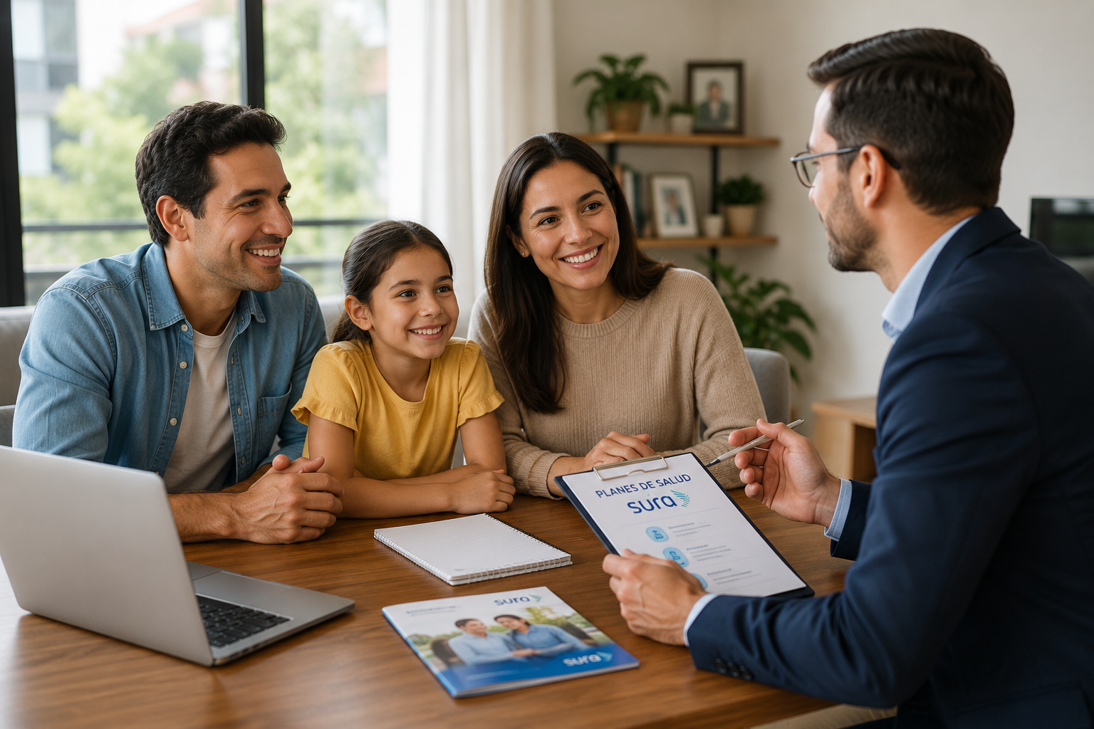 Familia colombiana conversando con un asesor de Servicios Seguros sobre opciones de planes de salud SURA.